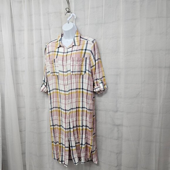 Pink Yellow Plaid Button Down Midi Shirt Dress Tunic Preppy Boho M - Picture 8 of 13